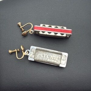 Working retro rare vintage harmonica dangle clip on earrings marked ATOM Japan